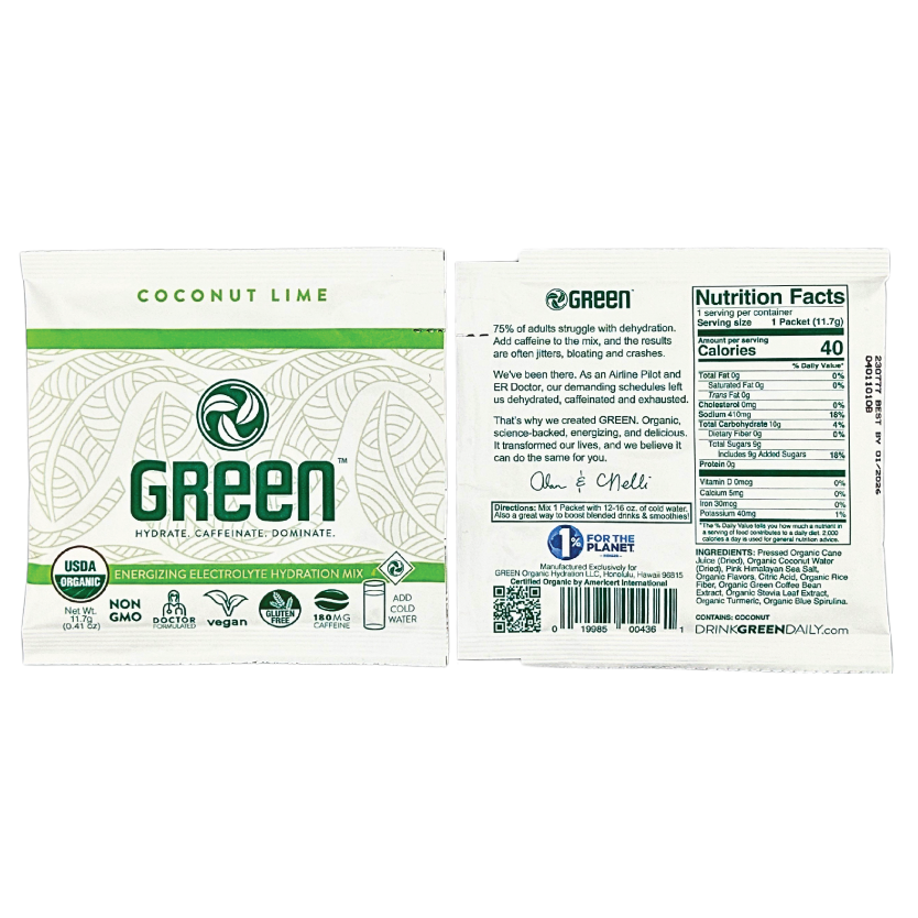 Image of GREEN Coconut Lime pack with a vibrant, citrusy appeal and organic certification on the front. The back of the pack reveals nutritional information, showcasing the electrolyte-rich formula with Coconut Water and Pink Himalayan Sea Salt, and an ingredient list underscoring the product’s natural, organic composition.