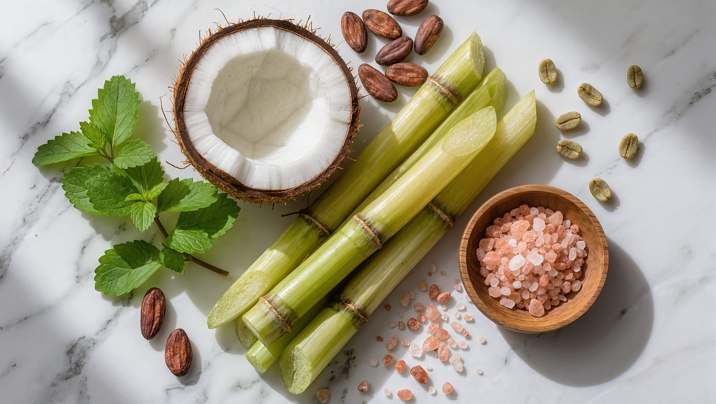 Sugar cane stalks, halved coconut, pink Himalayan salt, stevia leaves, cacao and green coffee beans on white marble