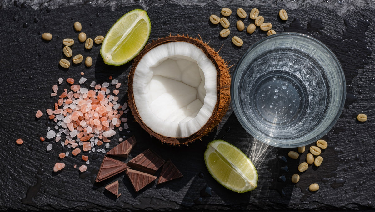 Pink Himalayan salt, green coffee beans, coconut, cacao, and lime beside a glass of water on dark slate