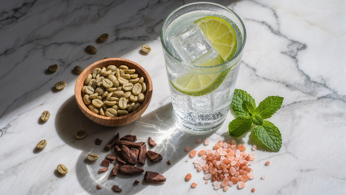 Glass of iced lime water beside a bowl of green coffee beans, cacao nibs, and pink sea salt on marble