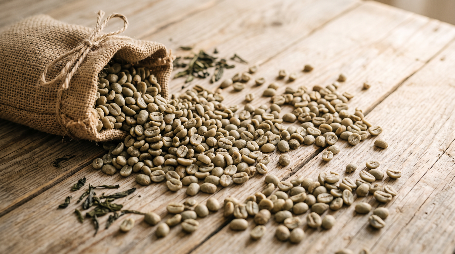 Raw green coffee beans spilling from a burlap sack on a wooden table