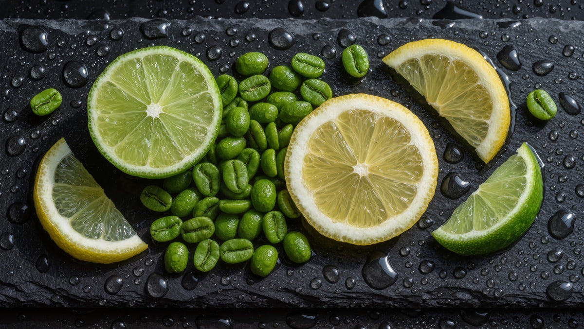 Fresh cut lemons and limes with raw green coffee beans on wet dark slate