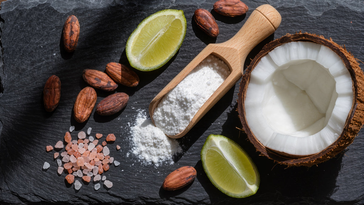 Wooden scoop of white starch powder beside fresh coconut, cacao beans, lime, and pink Himalayan salt on dark slate
