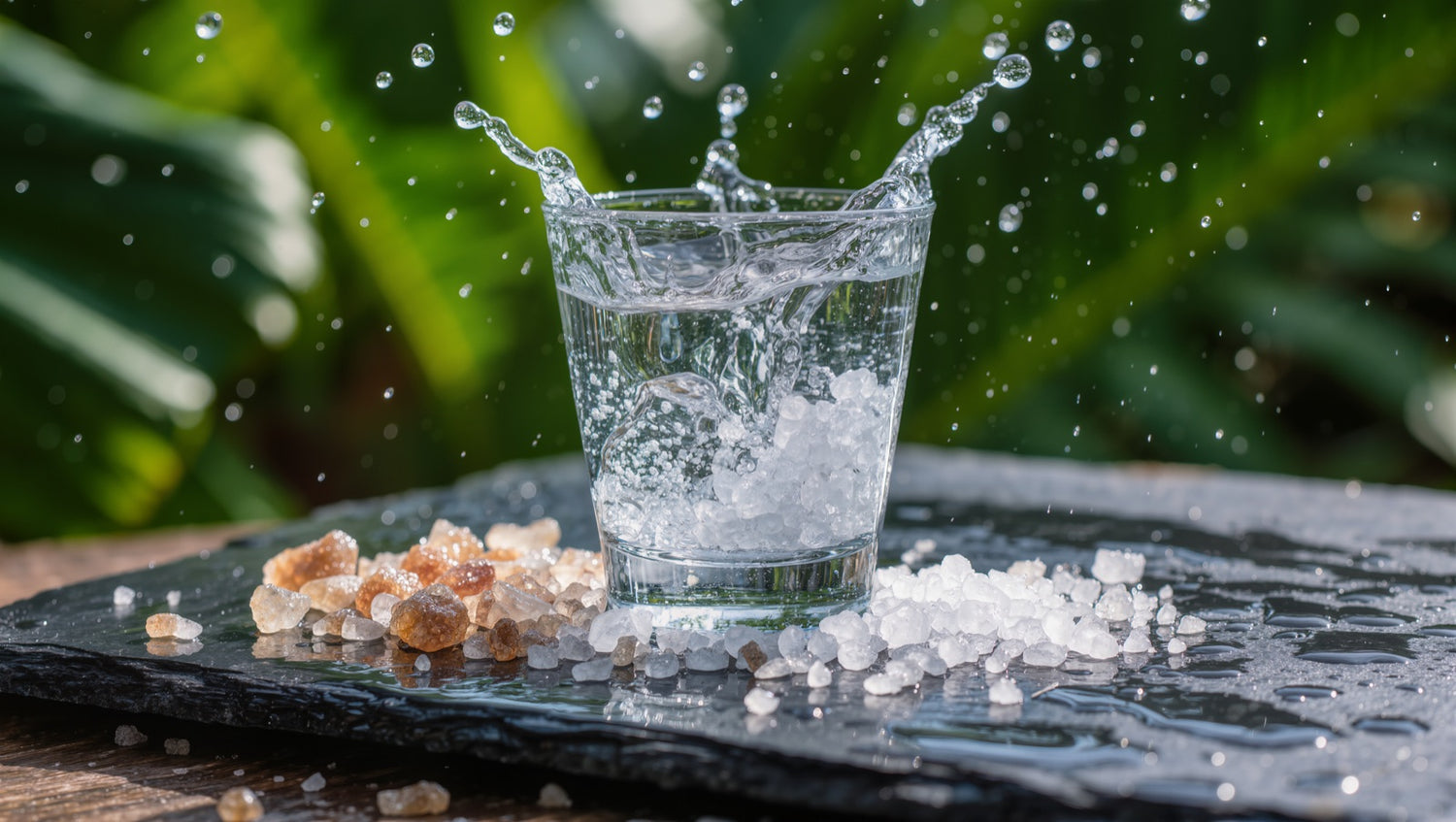 Glass of water with sea salt and sugar crystals, the components of oral rehydration