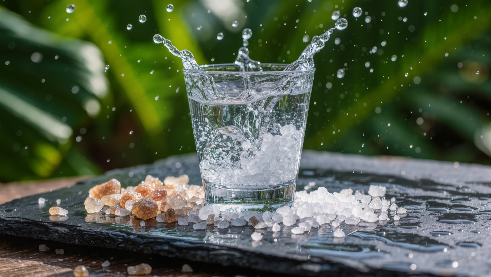 Glass of water with sea salt and sugar crystals, the components of oral rehydration