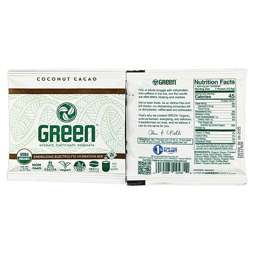Front view of GREEN Coconut Cacao pack displaying its rich, chocolaty flavor profile and USDA Organic certification. Back view shows nutritional facts highlighting low calories, natural ingredients, and the energy-boosting properties of raw green coffee beans, along with a detailed ingredient list emphasizing organic integrity.