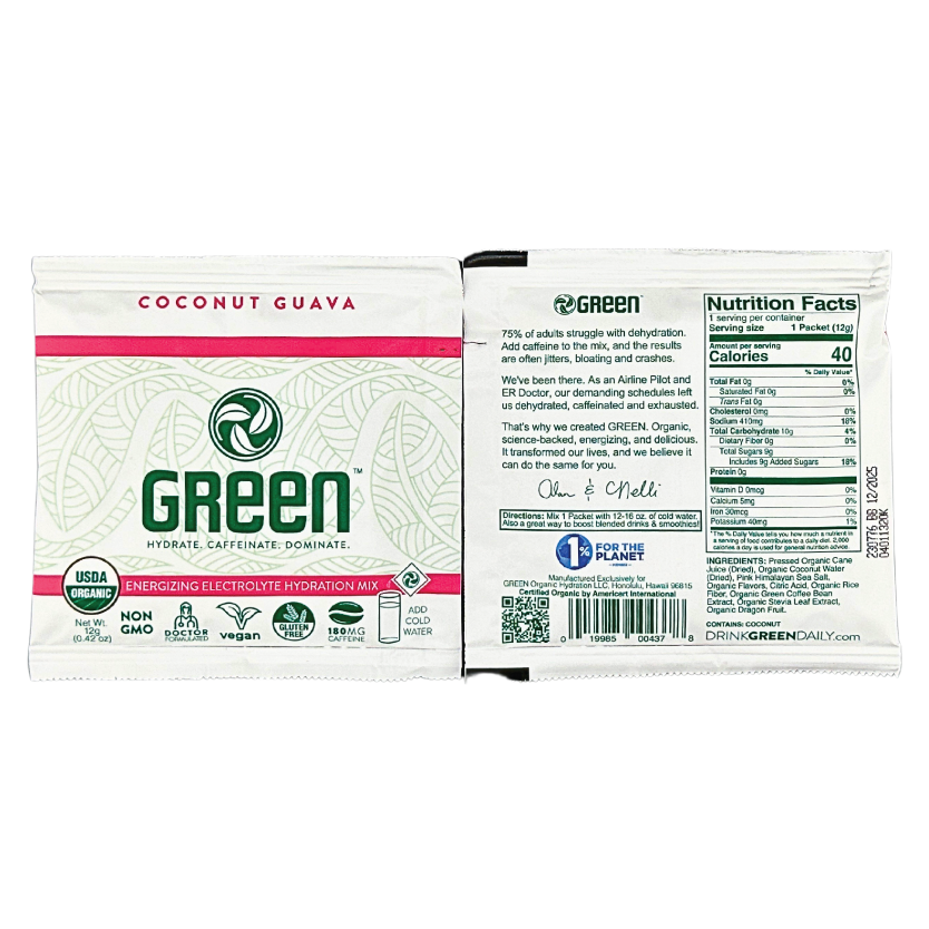 Front visual of GREEN Coconut Guava package featuring tropical, fruity notes and an organic badge. The reverse side details the nutritional content, emphasizing hydration benefits and natural energy sources, complemented by a comprehensive list of organic ingredients, including pressed cane juice and essential trace minerals.