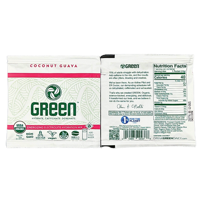 Front visual of GREEN Coconut Guava package featuring tropical, fruity notes and an organic badge. The reverse side details the nutritional content, emphasizing hydration benefits and natural energy sources, complemented by a comprehensive list of organic ingredients, including pressed cane juice and essential trace minerals.