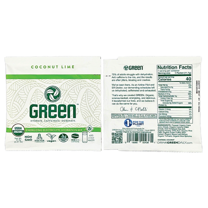 Image of GREEN Coconut Lime pack with a vibrant, citrusy appeal and organic certification on the front. The back of the pack reveals nutritional information, showcasing the electrolyte-rich formula with Coconut Water and Pink Himalayan Sea Salt, and an ingredient list underscoring the product’s natural, organic composition.