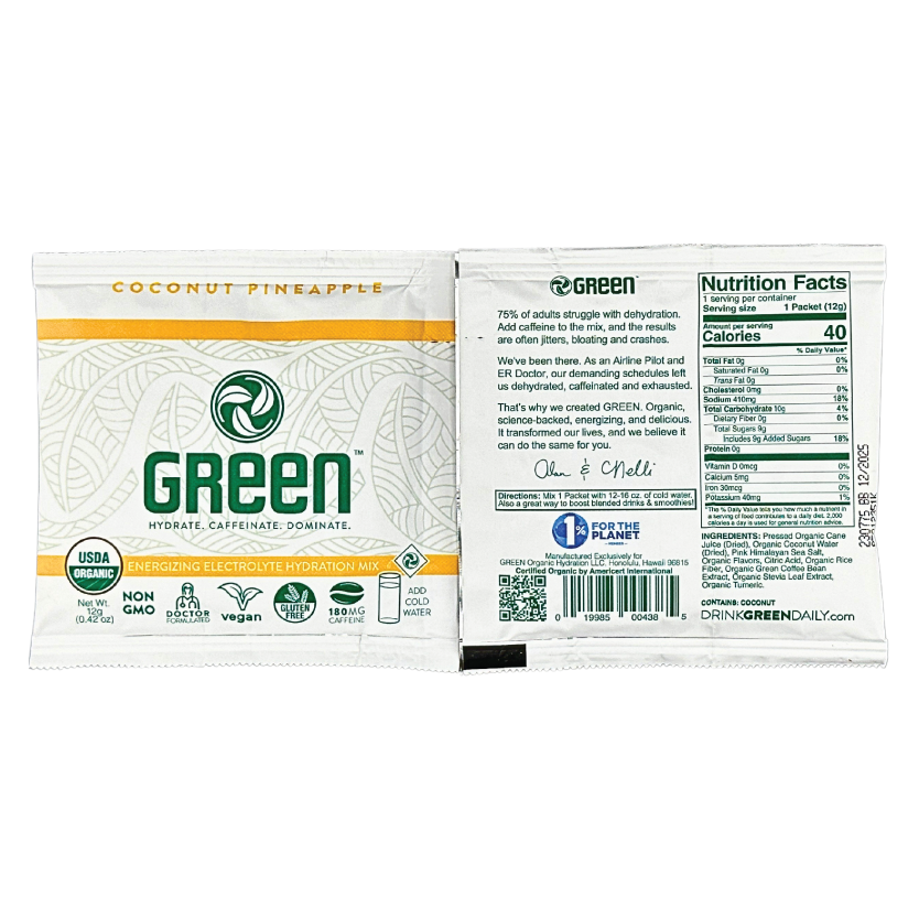 Snapshot of GREEN Coconut Pineapple pack, highlighting its tropical flavor and organic certification on the front. The backside of the pack provides nutritional facts, focusing on rapid hydration and sustained energy, with a complete breakdown of natural, organic ingredients, perfect for health-conscious consumers.