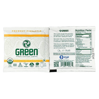 Snapshot of GREEN Coconut Pineapple pack, highlighting its tropical flavor and organic certification on the front. The backside of the pack provides nutritional facts, focusing on rapid hydration and sustained energy, with a complete breakdown of natural, organic ingredients, perfect for health-conscious consumers.